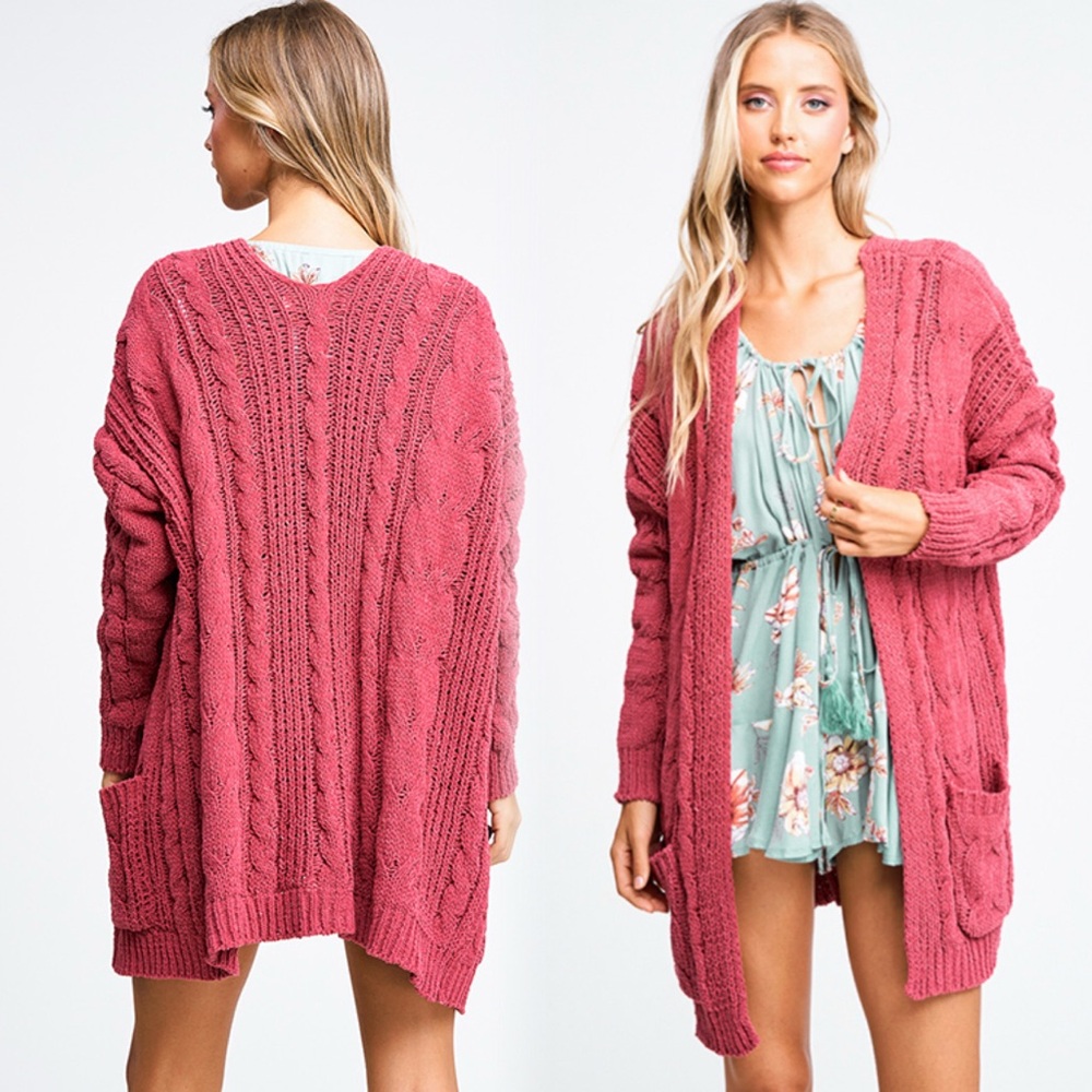 Cozy Soft Rose Pink Cable Knit Chenille Cardigan - Picture 7 of 12